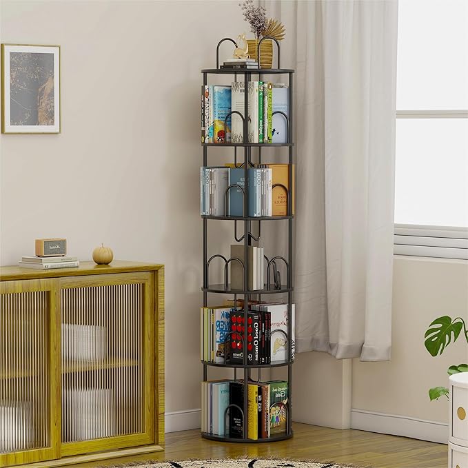 5 Tier Rotating Bookshelf, 360° Spinning Bookshelf Tower, Round Narrow Space - Image 7