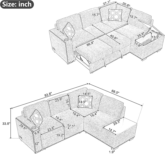 Merax Modern 83.8" Sectional Couch Bed - Image 2