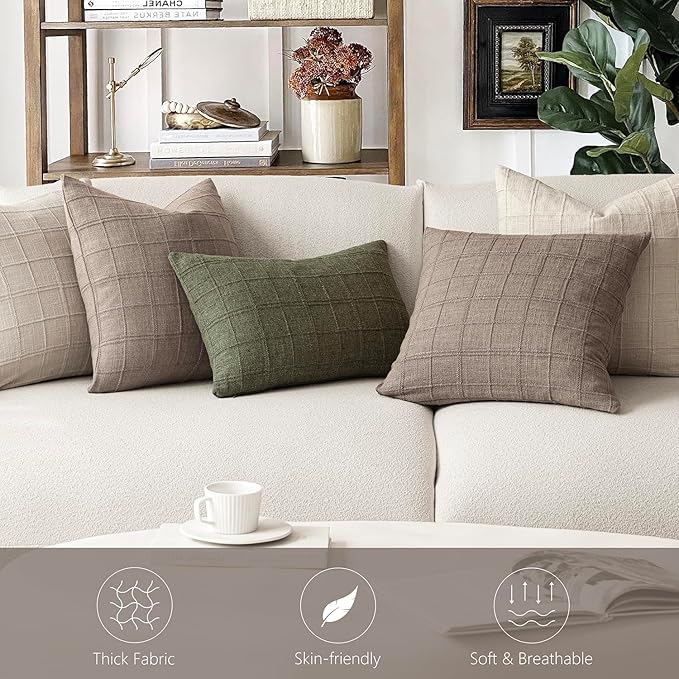 Foindtower Set of 2 Decorative Linen Check Throw Pillow Covers Neutral - Image 7