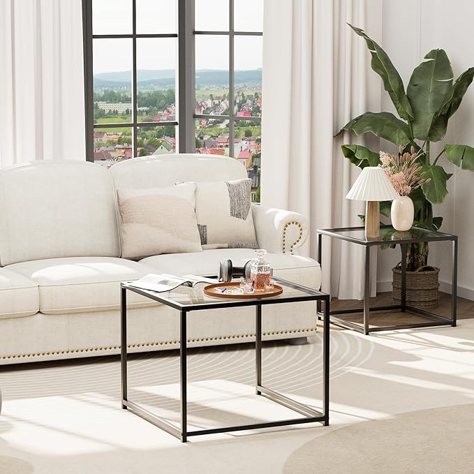 VILAWLENCE Coffee Table Set of 2, Modern Black Glass Side Table, Metal Frame - Image 6
