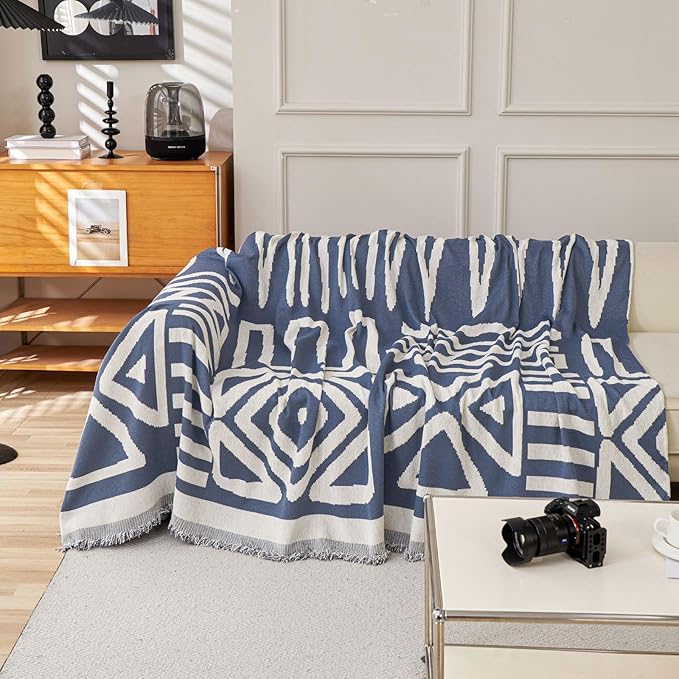 STACYPIK Reversible Boho Blue Beige Couch Cover - Image 5