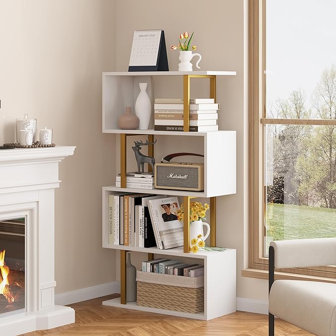 Yusong Geometric Bookcase, S Shaped Bookshelf 4-Tier Book Shelves - Image 7