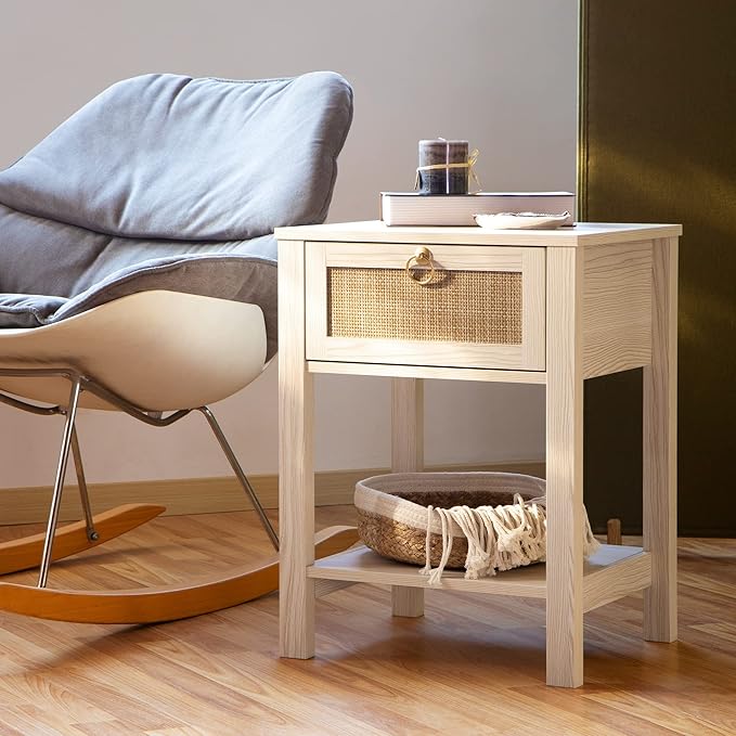 SICOTAS White Nightstand Set of 2, Rattan Decor Drawer - Image 6