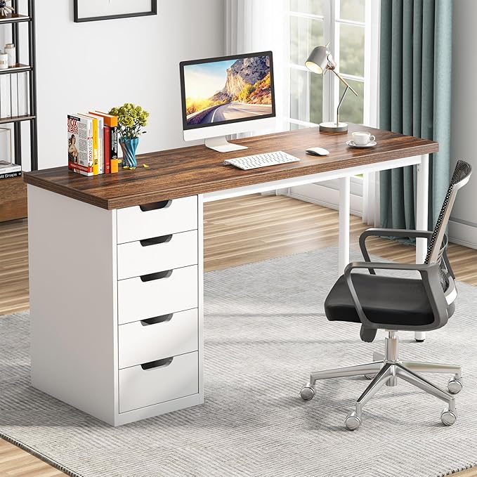 Tribesigns Computer Desk with 5 Drawers, 47 inches Rustic Brown Home Office - Image 3