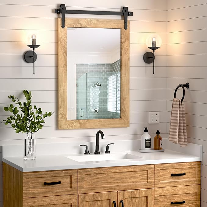 Farmhouse Bathroom Mirror 26”x40” Rustic Wood Framed Wall Mirror Barn Door by Menscha