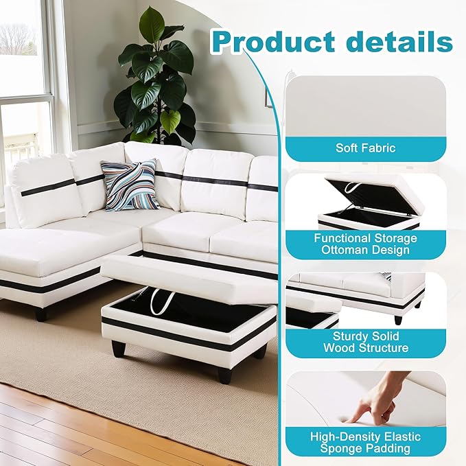 L Shaped Couch PU Leather Sectional Couch Upholstered 3 Pieces Sofas - Image 5