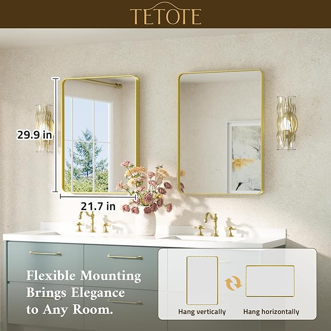 TETOTE 22 x 30 Gold Bathroom Mirror Brushed Gold Metal Framed Vanity Mirror - Image 7