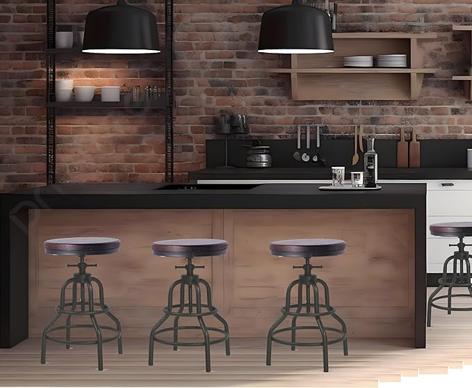 Diwhy Industrial Vintage Bar Stool, Kitchen Counter Height Adjustable Pipe Stool - Image 2