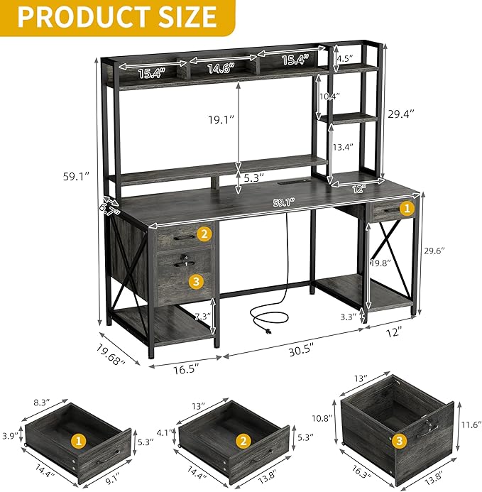 DWVO Computer Desk with Drawers & Hutch, 59.1" Office Desk with Power Outlets & - Image 2