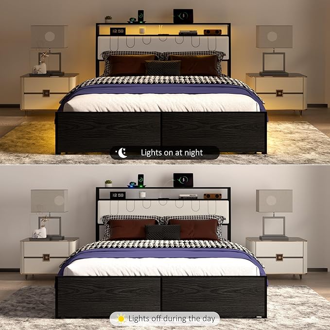 Queen Bed Frame with Storage Headboard, Metal Platform Bed Frame with LED - Image 6