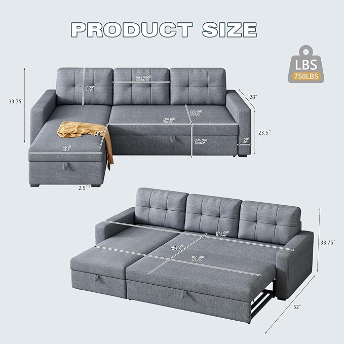 Ball & Cast L-Shape Reversible Sectional Sleeper Sofa Bed, Linen Upholstered 4 - Image 2