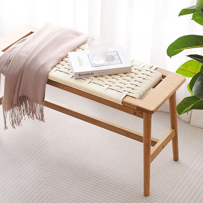 33.5" L Wood Dining Bench Indoor, 100% Natural Solid Oak Bed Bench Hand Woven - Image 2