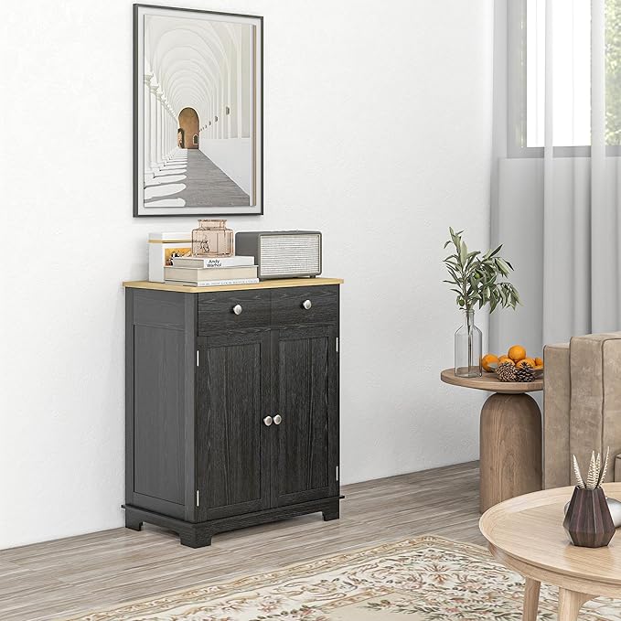 HOMCOM Sideboard with Solid Wood Countertop, Modern Kitchen Storage Cabinet - Image 2