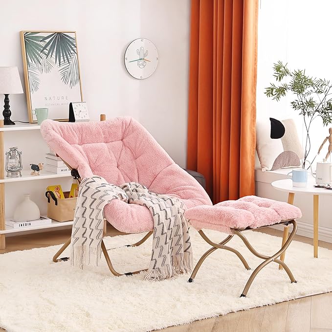 Dorm Chair with Ottoman, X-Large Soft Saucer Chair, Oversized Folding Faux Fur - Image 2