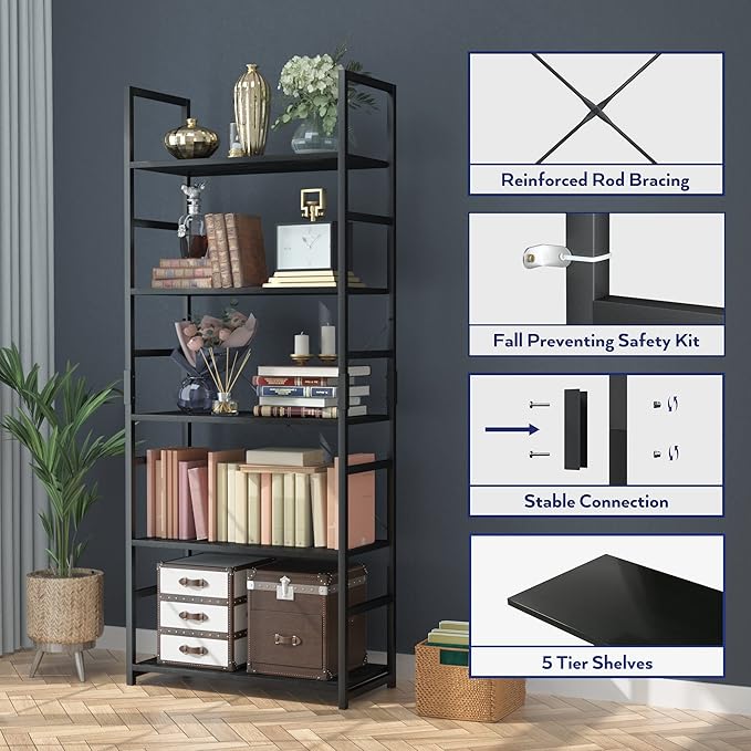 NUMENN 5 Tier Bookshelf, Tall Bookcase Shelf Storage Organizer, Modern Book - Image 5