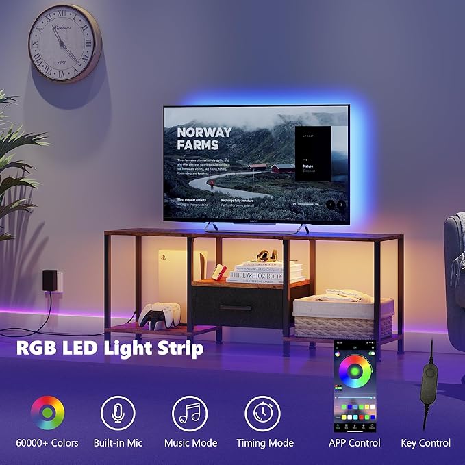 TV Stand with LED Lights, Entertainment Center with Open Shelves and Fabric - Image 4