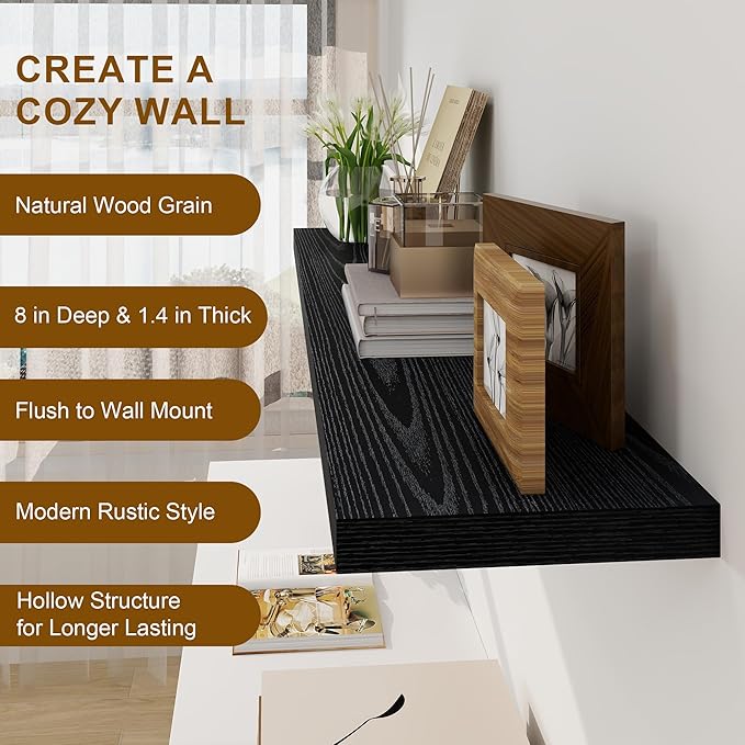 Black Floating Shelves 48 Inch Long, 8 Deep Floating Shelves - Image 5