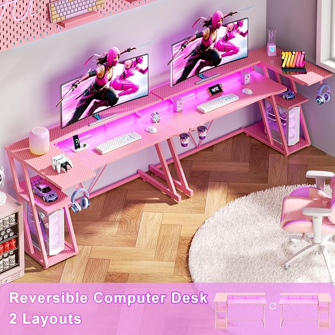 55 Inch Pink Gaming Desk with Power Outlet & LED Lights, Corner Computer Desk - Image 3