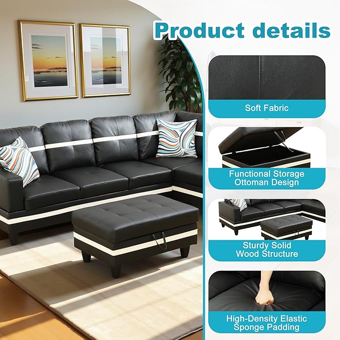 Couches for Living Room PU Leather L Shaped Couch Comfy 3 Pieces Sectional Sofa - Image 5