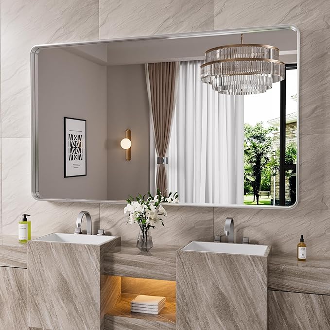 Brushed Nickel Bathroom Mirror 72x36 Inch, Brushed Silver Metal Frame Mirror by JISOSO