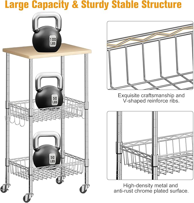 Rolling Kitchen Storage Cart, 3-Tier Storage Rack on Caster Wheels - Image 6