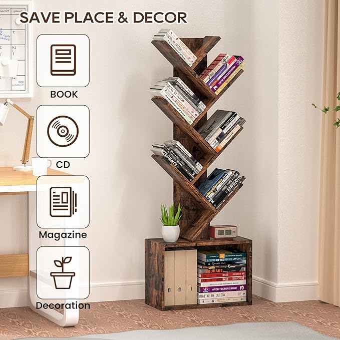 6 Tier Tree Bookshelf, Sturdy Retro Floor Standing Wood Bookcase, Storage Rack - Image 4
