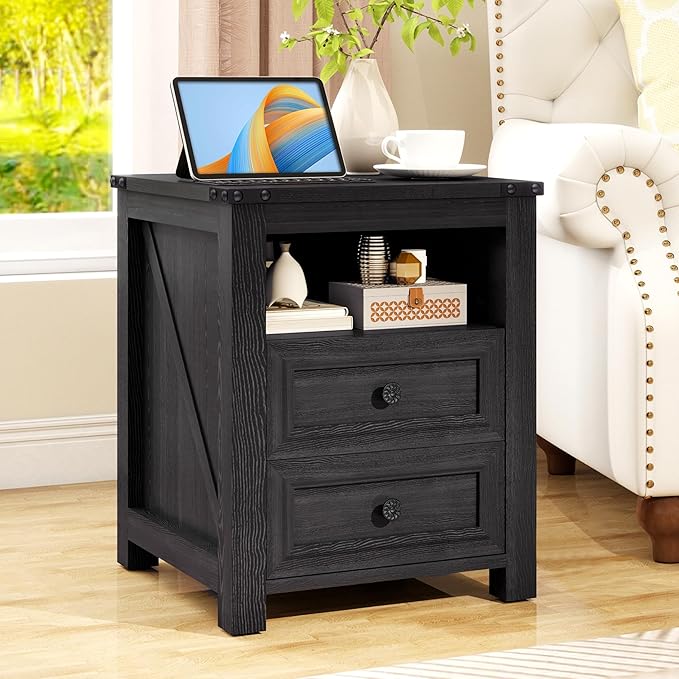 Farmhouse Nightstand with Charging Station, 18” Wide End Table with 2 Drawers by VipbearLiving