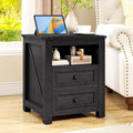 Farmhouse Nightstand with Charging Station, 18” Wide End Table with 2 Drawers by VipbearLiving