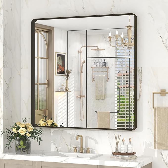 36x36 Inch Bronze Framed Bathroom Mirror, Rectangle Brushed Bronze Metal Vanity by VANLIOBathroomMirror