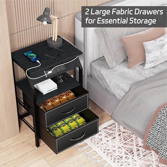 End Table with Light, LED Nightstand with 2 Drawers and Type C Charging Station - Image 4