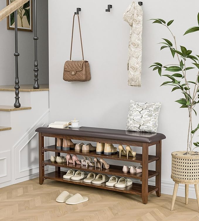 Wooden Shoe Bench Storage with Leather Cushion, Rustic Solid Wood Entryway - Image 4