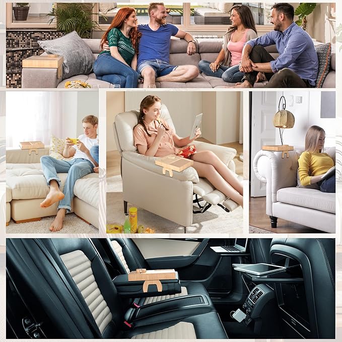 Bamboo Couch Arm Table with 2 Rotating Lids & Adjustable Phone Holder, Foldable - Image 6