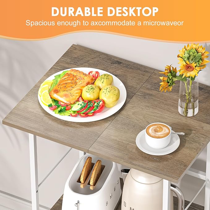 Microwave Cart with Storage, 3-Tier Rolling Kitchen Stand with Basket, Wood and - Image 5