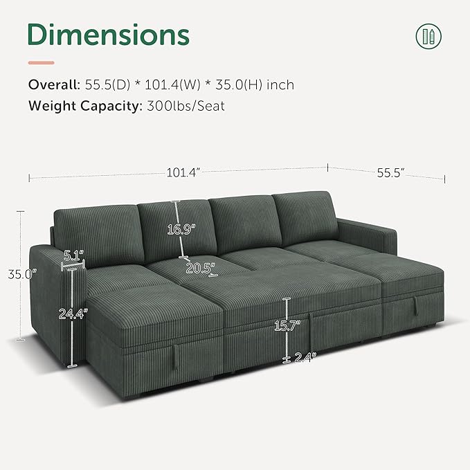 HONBAY Modular Sectional Sleeper Sofa Bed, Corduroy Pull Out Couch - Image 2