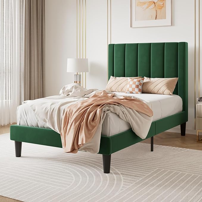 SHA CERLIN Twin Bed Frame/Velvet Upholstered Platform Bed Frame - Image 3