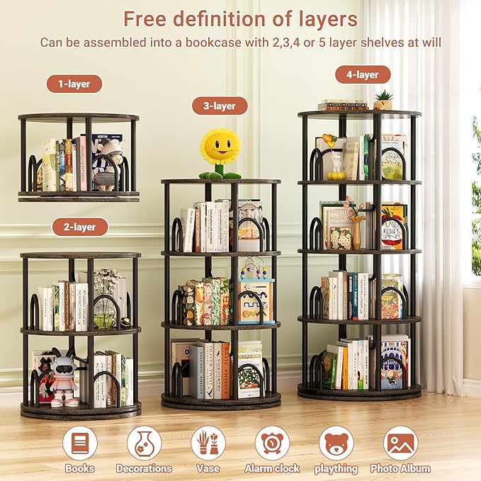 Aheaplus 4 Tier Rotating Bookshelf Tower, 360 Display Spinning Bookcase - Image 5