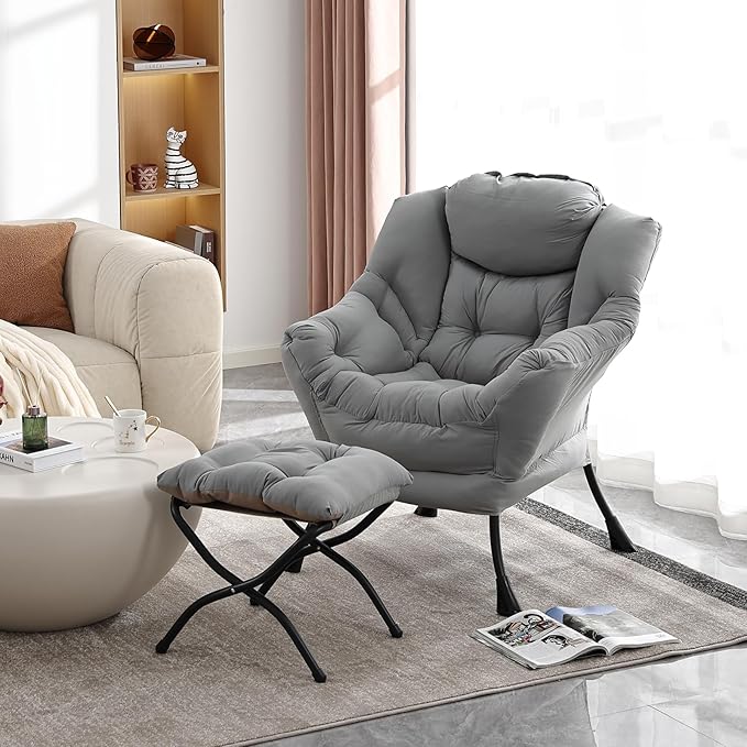 Lazy Chair with Folding Ottoman, Modern Accent Lounge Armchair with Armrests - Image 2