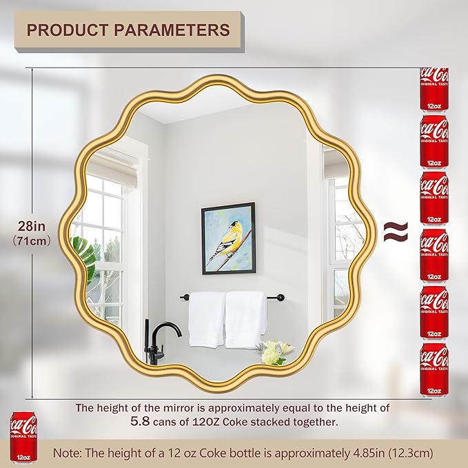 PROHOMEWARE Gold Round Mirror 28 Inch Wavy Bathroom Vanity Mirror Gold Frame - Image 3