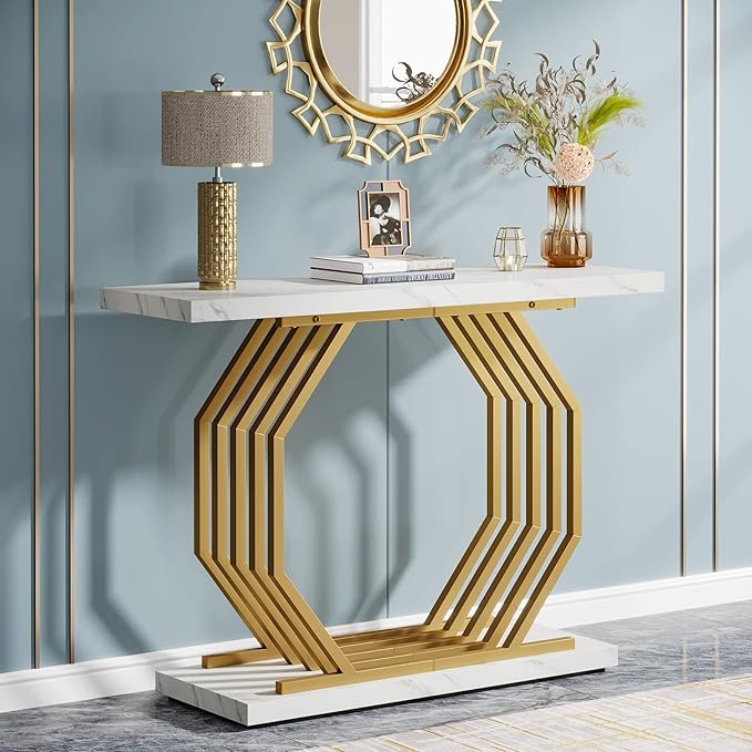 Tribesigns Gold Console Table, Faux Marble Entryway Table Narrow Sofa by Tribesigns