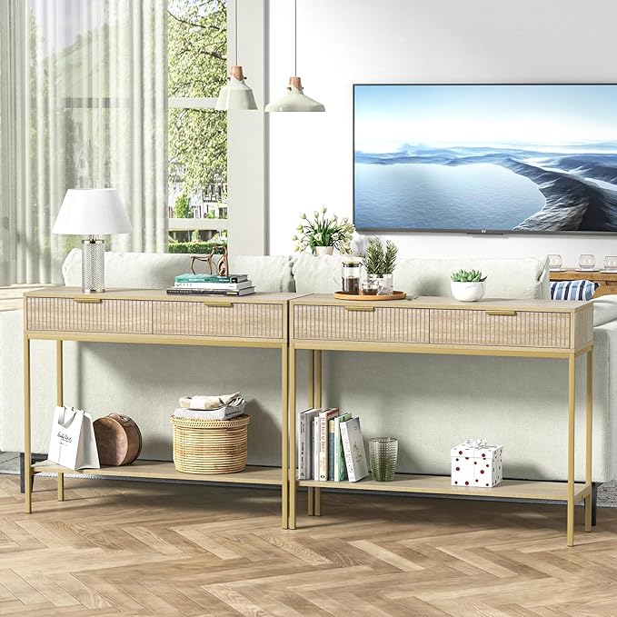 Anmytek Console Table with Storage, Wood Entryway Table with 2 Drawers - Image 5