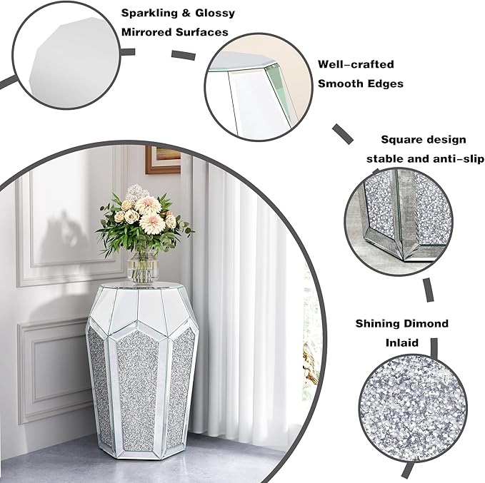 ENENE Mirrored End Table Crystal Diamond Setting Coffee Table Silver Glass Side - Image 4