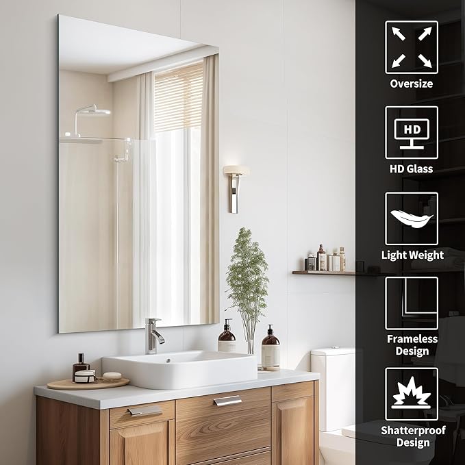 Frameless Mirror, 30x55 Inch Rectangle Bathroom Mirrors - Image 4