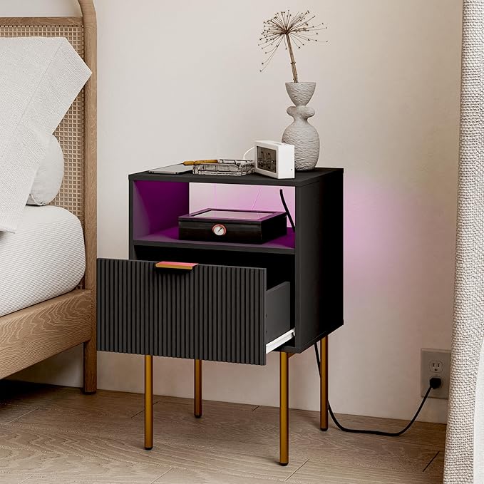 Modern Nightstand with Charging Station and LED Lights, Fluted Nightstand - Image 9