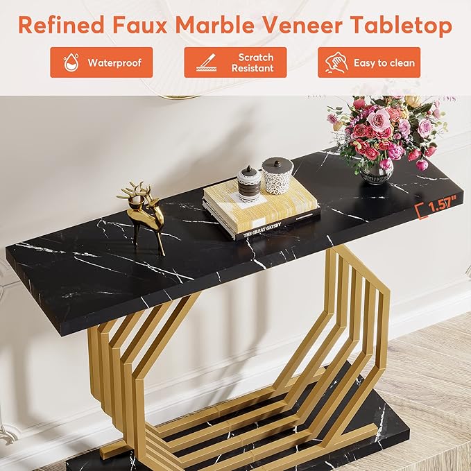 Tribesigns Gold Console Table, Faux Marble Entryway Table Narrow Sofa Table - Image 6