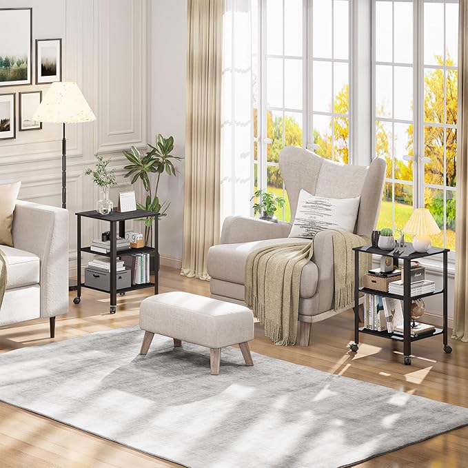 Side Table, End Table with Wheels, Printer Stand with 3-Tier Storage, Bedside - Image 2