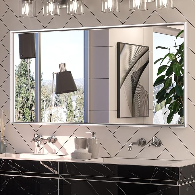 Keonjinn 48 x 24 in Brushed Silver Bathroom Vanity Mirror Rectangular Metal by Keonjinn