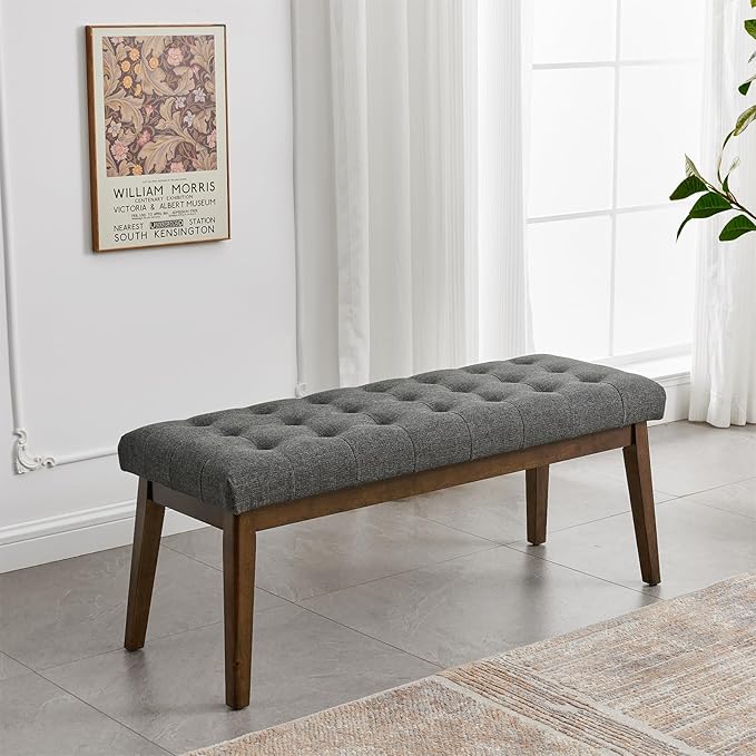 End of Bed Bedroom Bench, Linen Upholstered Tufted Bench - Image 5