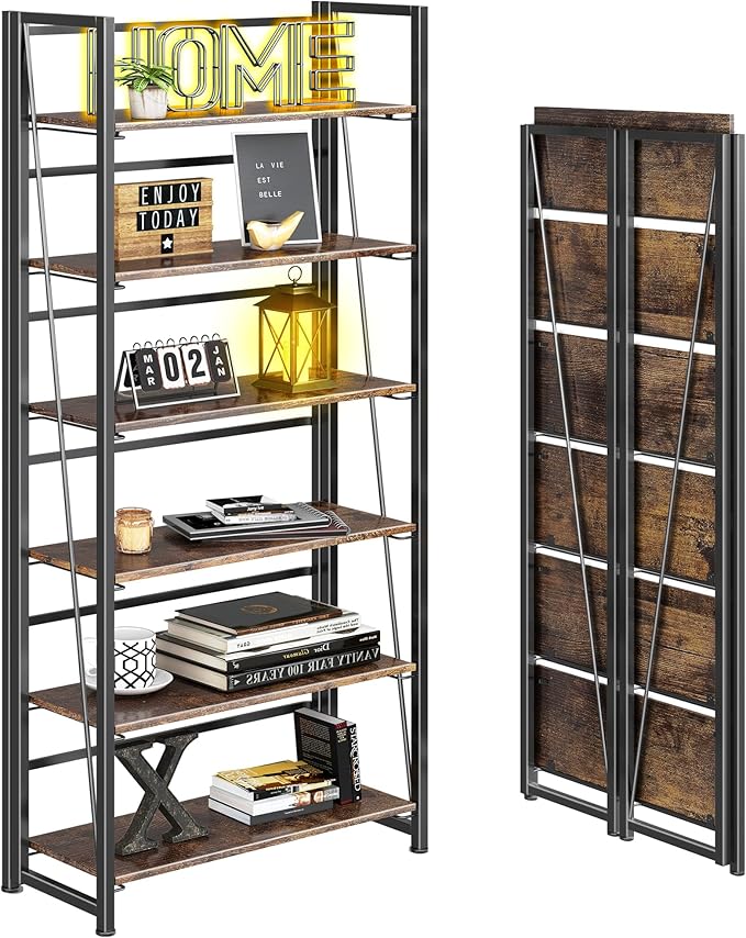 4NM No Assembly Folding Bookshelf, 6-Shelf 74" H Collapsible Foldable Bookcase by 4NM