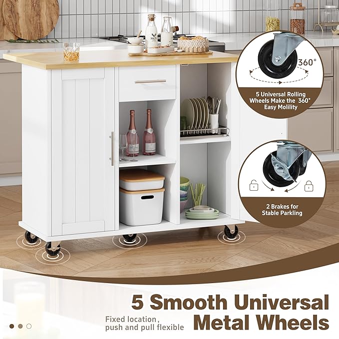 Shintenchi Kitchen Island with Storage, Bar Cart Cabinet Island Table on Wheels - Image 6