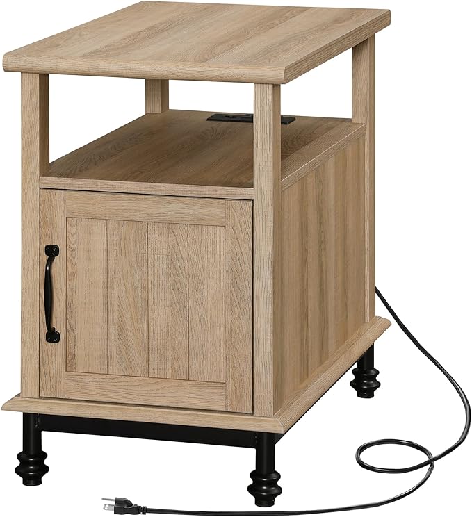 WAMPAT Oak End Table with Charging Station, Sofa Side Table with Storage Cabinet - Image 9